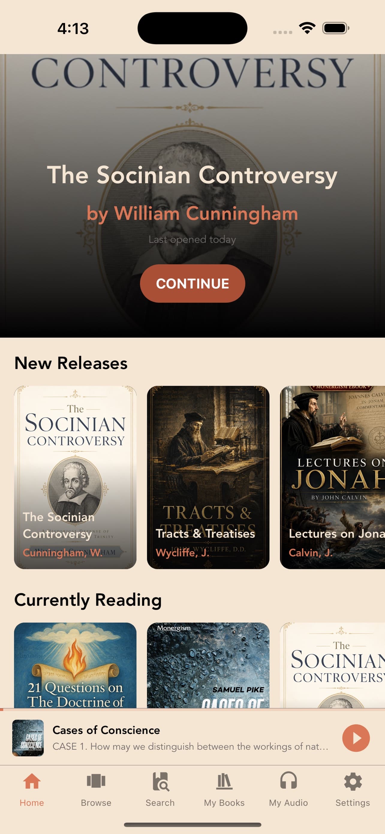 Monergism eBook Library home screen showing Continue reading, New Releases, and an audio player